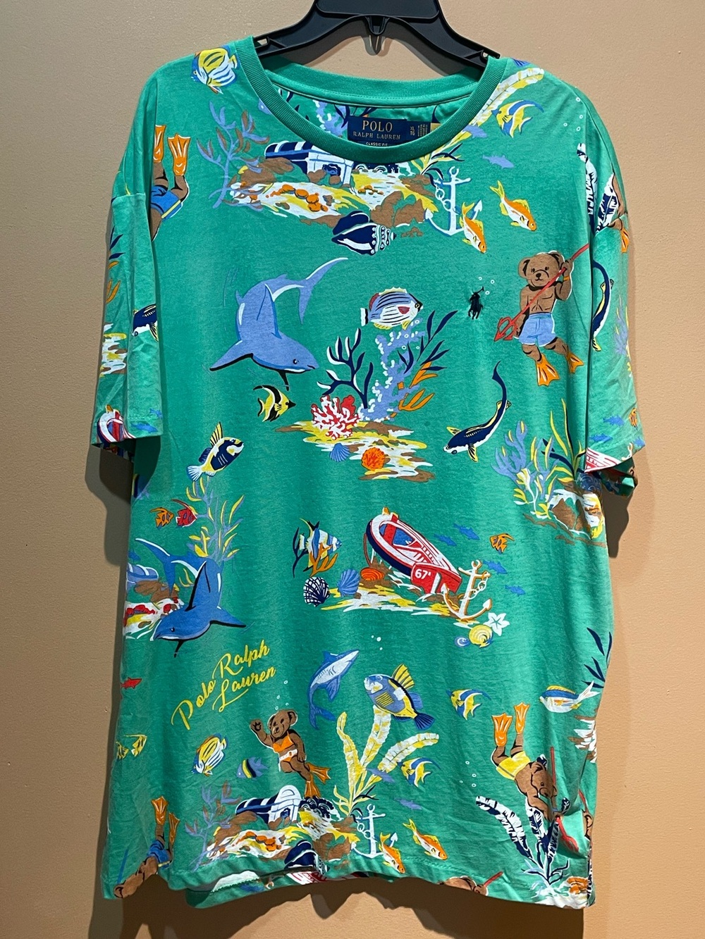 Polo Ralph Lauren Polo Bear T-Shirt XL Green Allover Print Underwater Scuba AOP